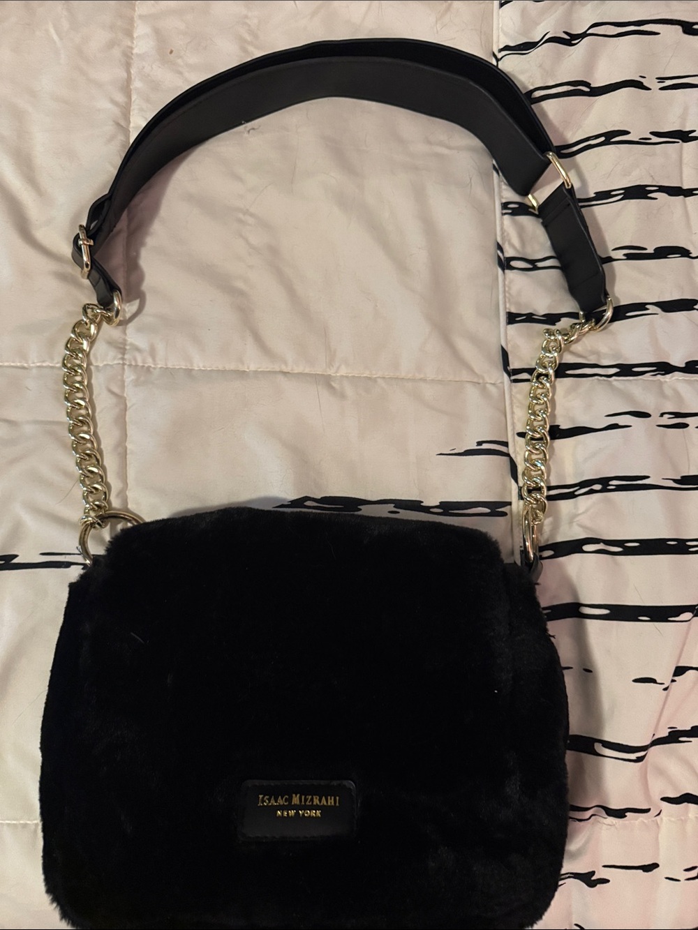 Isaac Mizrahi Black Faux Fur Shoulder Bag with Gold Chain Strap